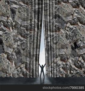 Opening business concept and career opportunity and finding an open gatway to success as a businessman moving a rock cliff mountain as if it was a curtain or drapes as a symbol of the other side and freedom.