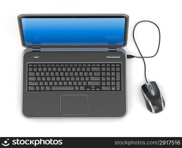 Opening laptop and computer mouse on white isolated background. 3d