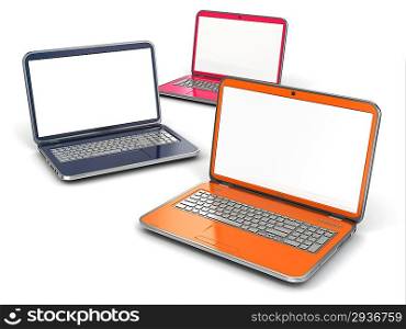 Opening laptops on white isolated background. 3d