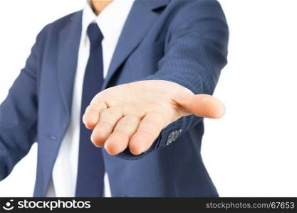 Opening Palm Hand of Businessman in Blue Suit Isolated on White Background. Concept about Giving or Seek.