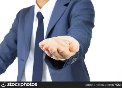Opening Palm Hand of Businessman on Plump Style in Blue Suit Isolated on White Background. Concept about Giving or Seek.