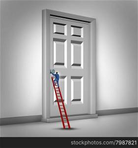 Opening the door business concept as a person climbing a success ladder to open a closed entrance to opportunity as a metaphor for career advancement challenge or bureaucracy.