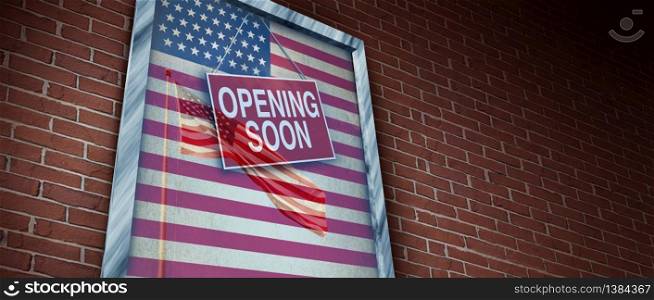 Opening the US economy and reopen United States and American economic activity and back to work after the business lockdown as a store window and reopening markets in a 3D illustration style.