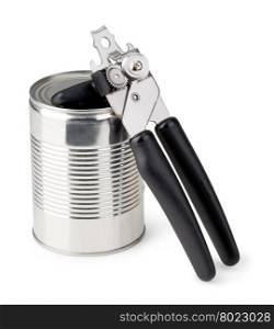 Opening tin can. Tin opener opening a can of food isolated on white