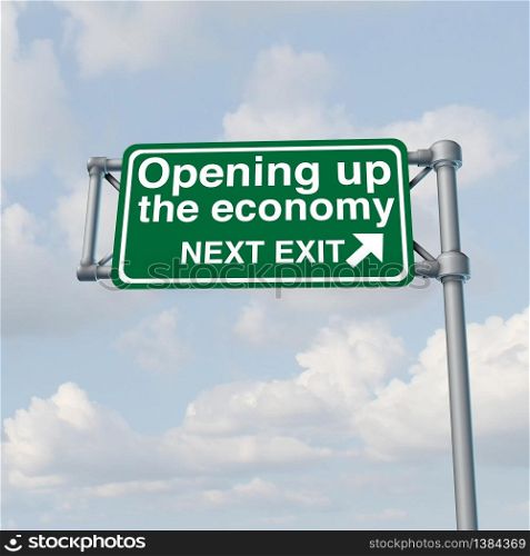 Opening Up The Economy and reopen economic activity and back to work after the business lockdown government financial policy and reopening markets as a 3D illustration.