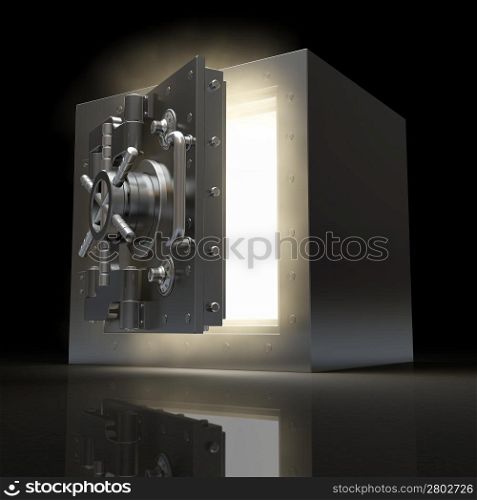 Opening vault and volume light on black background. 3d