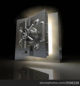 Opening vault and volume light on black background. 3d