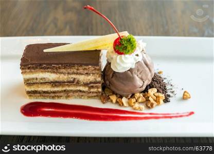 Opera cake with chocolate ice cream