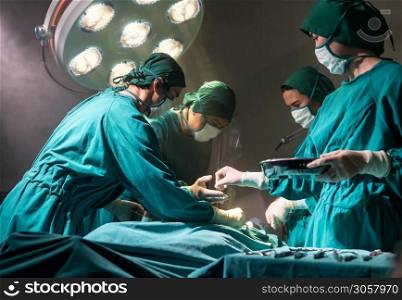 Operating room nurse send surgical equipment for surgeon doctor with Medical Team Performing Surgical Operation in Operating Room OR. Medical health care Surgery concept.