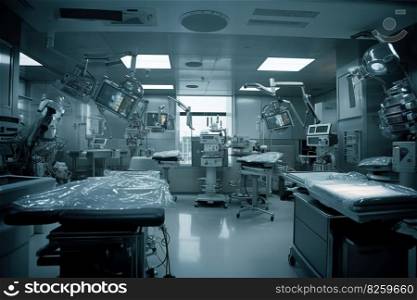 Operating room, with the robotic medical instruments in the foreground and the medical team in the background. Advanced medical equipment used in robotic medical. Generative AI.