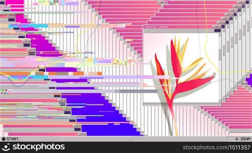 Operation system desktop display glitch and error with tropical bird of paradise flower, vaporwave nostalgic background template