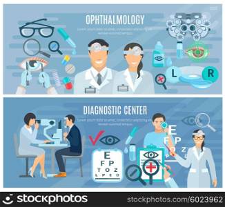 Ophthalmic Diagnostic Center Flat Banners Set. Ophthalmic diagnostic center for vision test and correction 2 flat horizontal banners set abstract isolated vector illustration