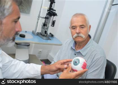 ophthalmologist shows an old patient his view problem