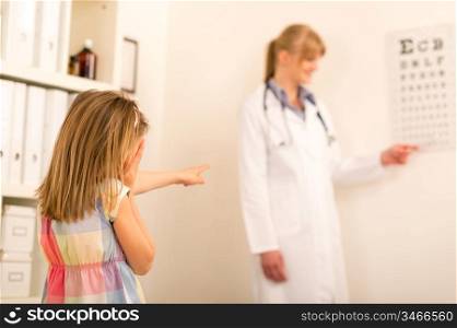 Ophthalmologist visit child reading eye-chart at pediatrician office