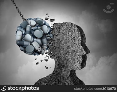 Opioid epidemic health danger and medical crisis with a prescription painkiller addiction concept as a group of pills devastating a patient with 3D illustration elements.