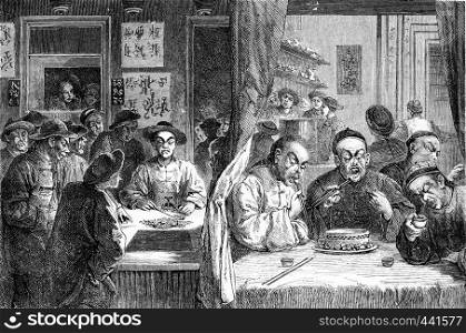 Opium smokers in China, vintage engraved illustration. Journal des Voyage, Travel Journal, (1880-81).