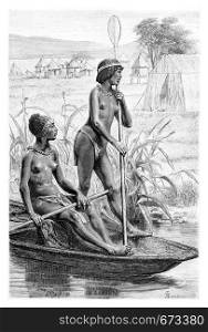 Opoudo and Capeo on a canoe, in Angola, Southern Africa, drawing by maillart based on the English edition, vintage illustration. Le Tour du Monde, Travel Journal, 1881