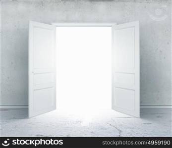 Opportunity. Conceptual image of white opened door. Perspective
