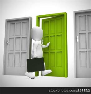 Opportunity Knocks at the door of chance and good luck. Select a doorway and choose to enter for good possibilities - 3d illustration
