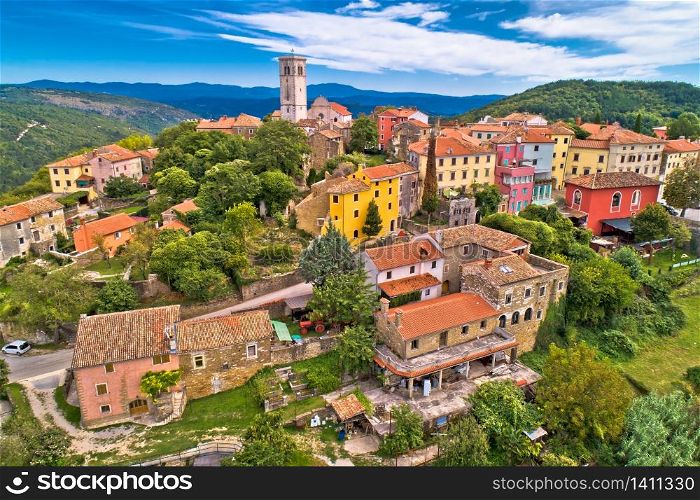 Oprtalj. Idyllic hill village of Oprtalj in green landscape aerial view. Istria region of Croatia.