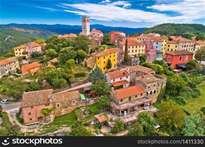 Oprtalj. Idyllic hill village of Oprtalj in green landscape aerial view. Istria region of Croatia.