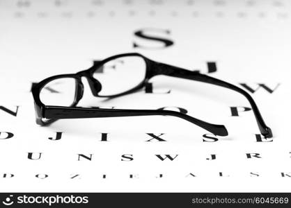 Optical reading glasses on the eyesight table