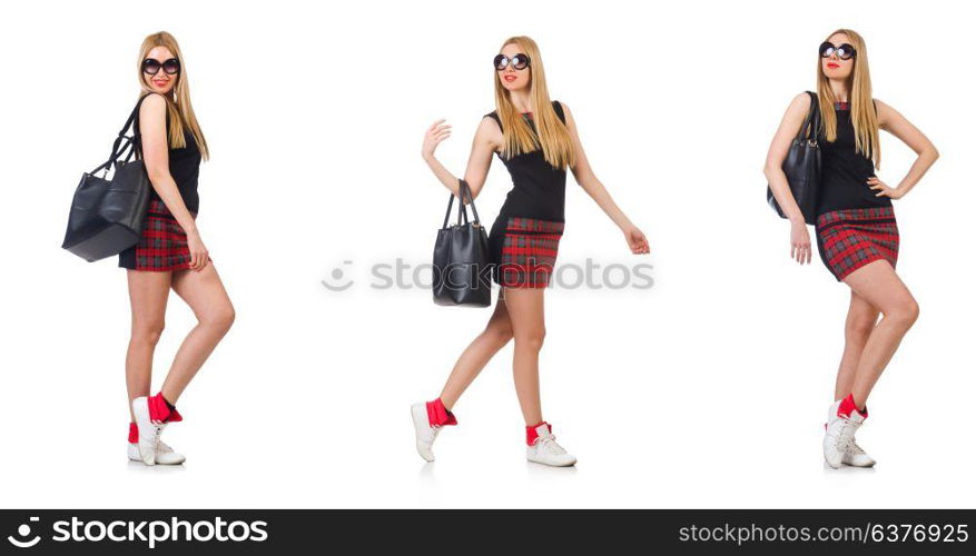 Optimistic woman wearing sunglasses isolated on white