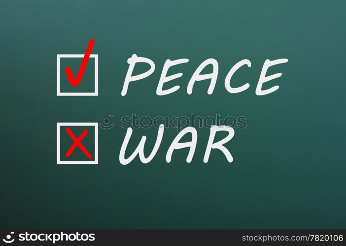 Options of peace and war with check boxes on a green chalkboard