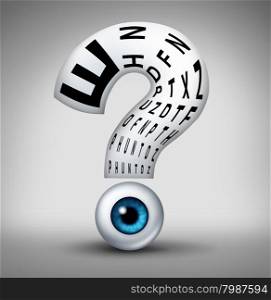Optometry questions and human eye vision health uncertainty symbol as an eyeball with a reading chart shaped as a question mark as a concept and for optometrist and ophthalmology diagnosis.