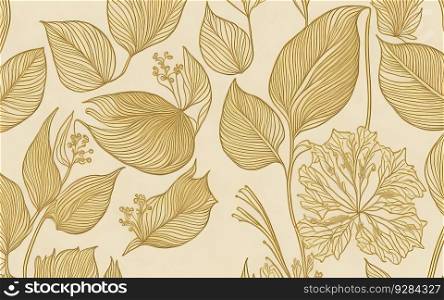 Opulent gold leaves and flowers floral pattern. Generative AI.