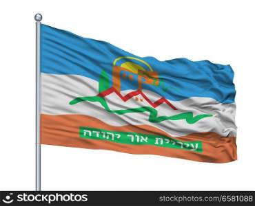 Or Yehuda City Flag On Flagpole, Country Israel, Isolated On White Background. Or Yehuda City Flag On Flagpole, Israel, Isolated On White Background
