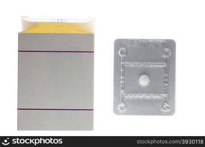 Oral contraceptive pill blister box. Emergency oral contraceptive pill isolated on white background