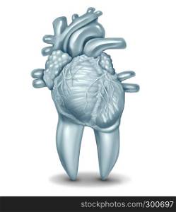 Oral health and heart disease hygiene concept caused by dental plaque and gum disease due to mouth bacterial infection damaging the valves as a tooth shaped as a cardiovascular organ as a 3D illustration.