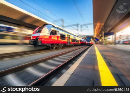 Oran≥high speed train in motion on the railway station at sunset. Fast moving modern∫ercity train and blurred background. Railway platform. Railroad in Austria. Passen≥r transportation. Concept 