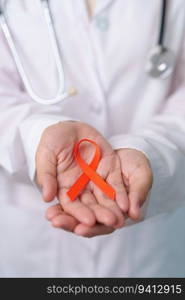 Oran≥Ribbon for Leukemia, Kid≠y cancer day, world Mu<ip≤Sc≤rosis, CRPS, Self Injury Aware≠ss month. Hea<hcare and word cancer day concept
