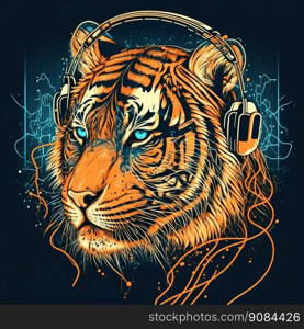 Orange and Blue Cartoon Tiger in Headphones Listening to Music. Art Illustration for Music Album Cover. Generative AI. Cartoon Tiger in Headphones Listening to Music. Art Illustration for Music Album Cover. Generative AI