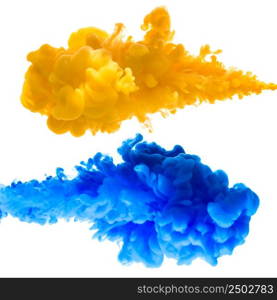Orange and blue ink splashes in the water, isolated on white background