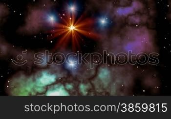 Orange and blue stars (UFO) fly in space against a fog. The orange star sparks and floods the sky bright light.