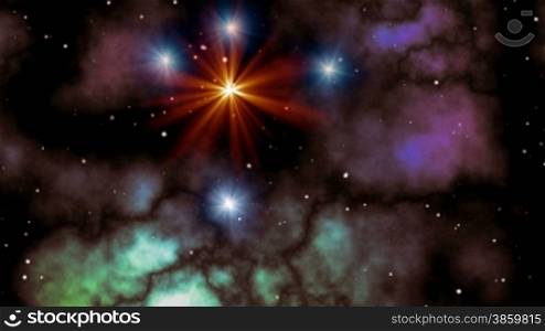Orange and blue stars (UFO) fly in space against a fog. The orange star sparks and floods the sky bright light.