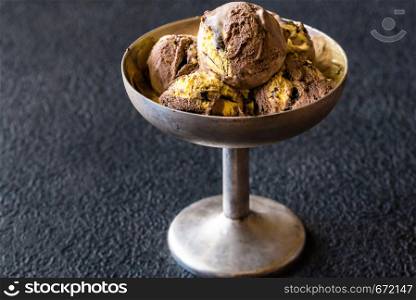 Orange and chocolate ice cream in vintage vase