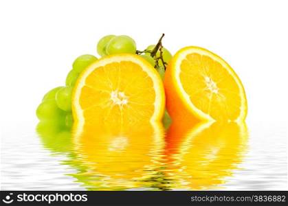 orange and grape reflected in water