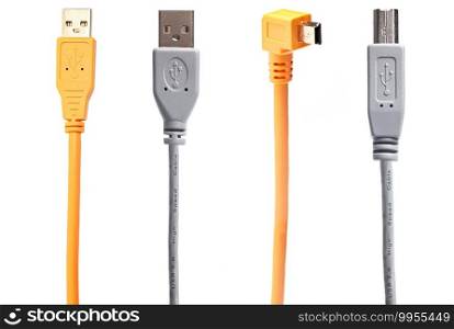 Orange and Gray USB cables isolated on white background.. Orange and Gray USB cables isolated on white background