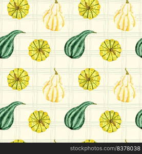 Orange and green pumpkin on a cell background. Watercolor seamless pattern with pumpkins. Autumn design for Thanksgiving and Halloween. Design for menus, covers and packaging. Organic vegetable food. Orange and green pumpkin on a cell background. Watercolor seamless pattern with pumpkins. Autumn design for Thanksgiving and Halloween. Design for menus, covers and packaging. Organic vegetable food.