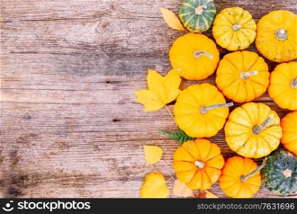 orange and green raw pumpkins on old wooden textured table, top view fla lay. pumpkin on table
