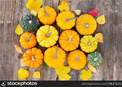 orange and green raw pumpkins on old wooden textured table, top view. pumpkin on table