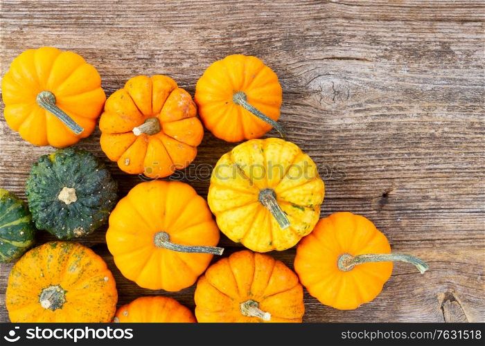 orange and green raw pumpkins on old wooden textured table, top view. pumpkin on table