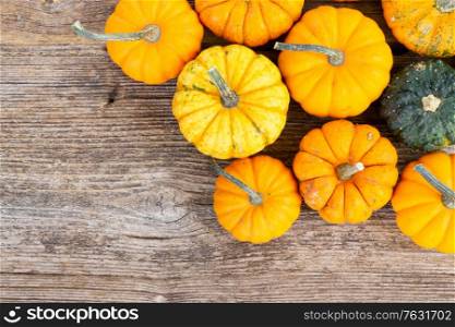 orange and green raw pumpkins on old wooden textured table, top view with copy space. pumpkin on table