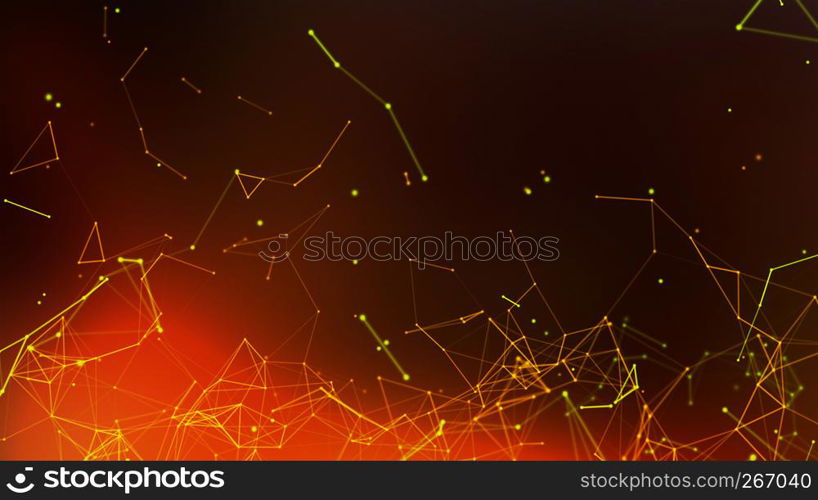 Orange and yellow digital data and network connection triangle lines and spheres in futuristic technology concept on black background, 3d abstract illustration