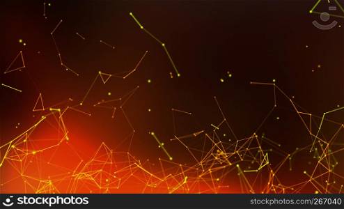 Orange and yellow digital data and network connection triangle lines and spheres in futuristic technology concept on black background, 3d abstract illustration