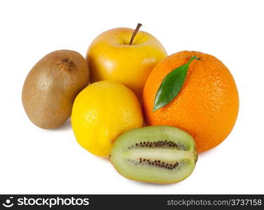 Orange, apple, lemon and kiwi isolated on white background